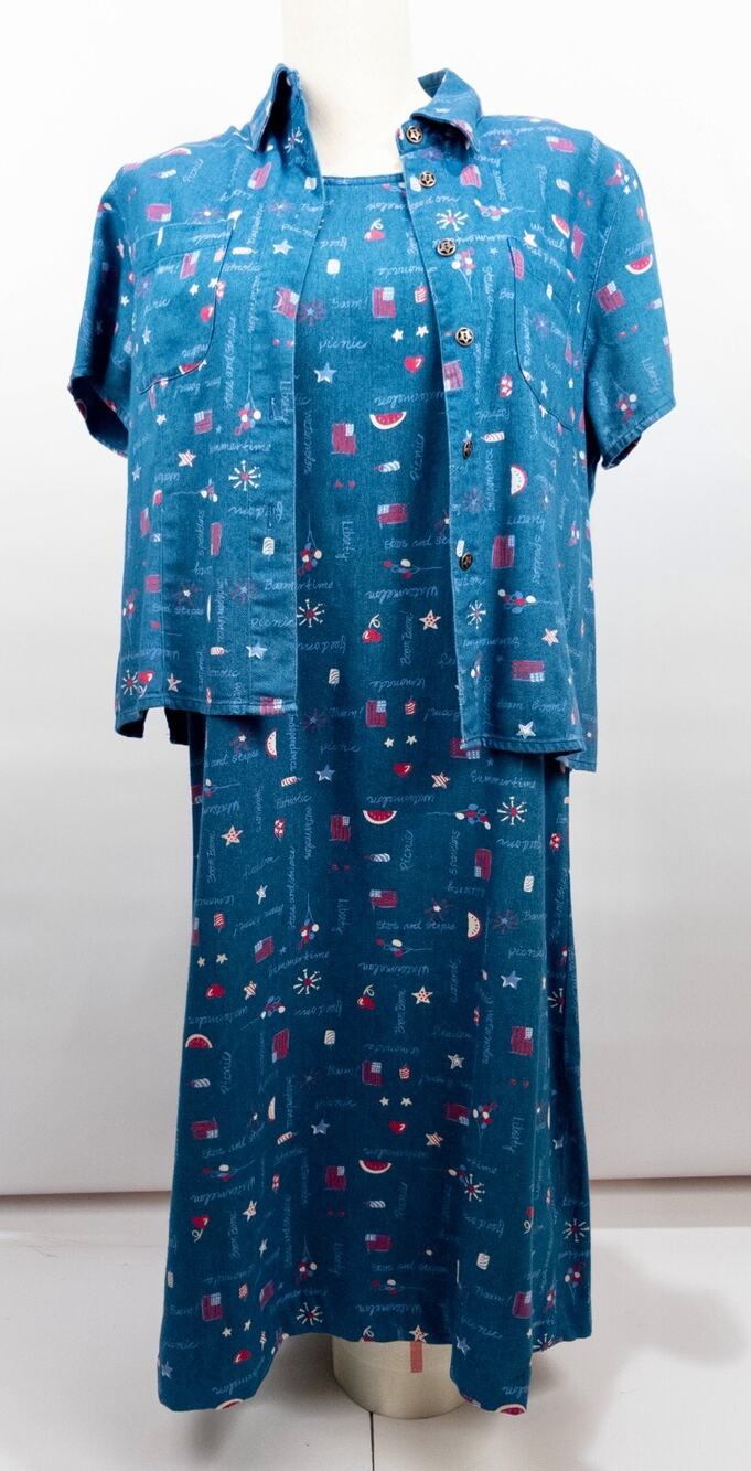 Vtg Americana Denim Dress SMALL 6-8 Jean Jumper American Flag Patriotic July 4th